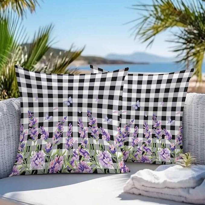 Vandarllin Outdoor Throw Pillows Covers 20x20 inch Set of 2 Waterproof Purple Lavender Flower Decorative Zippered Cushion Covers for Patio Furniture, Butterfly Black Buffalo Plaid Lumbar Pillowcases
