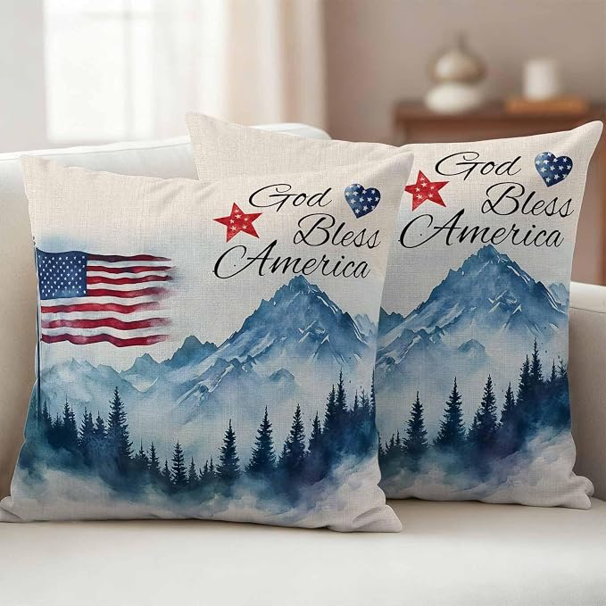 4th of July Outdoor Pillow Covers 16x16 Inch Throw Pillow Covers Set of 2 Waterproof Decorative Pillow Cases Independence Day American Flag Forest Cushion Covers for Patio Furniture Garden Couch Sofa