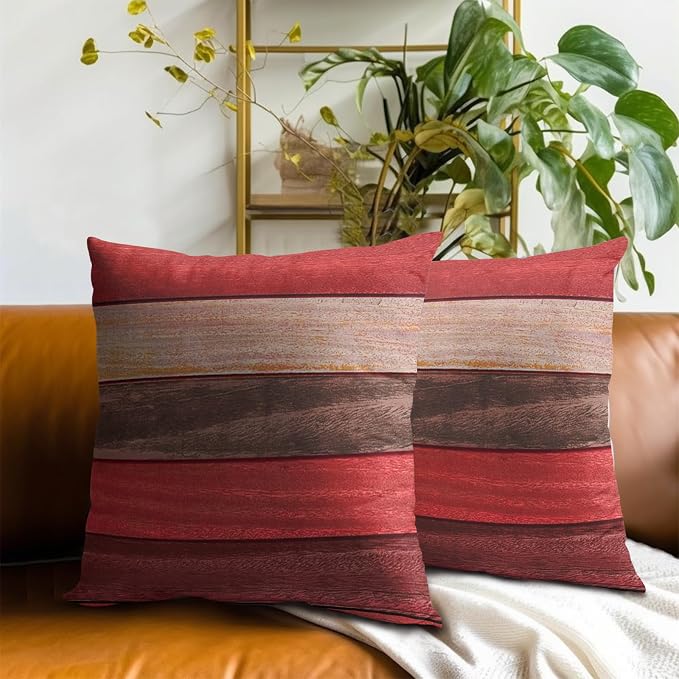 Red Brown Wood Pillow Cover 18x18 Inch, Vintage Old Pink Board Grunge Panel Natural Lumber Throw Pillowcases 2Pcs Decorative Cushion Cover for Home Couch Bed