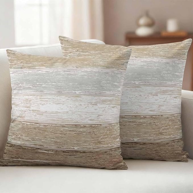 Outdoor Waterproof Throw Pillow Covers, Vintage Brown Grey Decorative Pillow Cases, Farmhouse Barn Wooden Striped Couch Pillow Protector Patio Sofa Cushion Covers Replacement 20"x20" 2 Pack