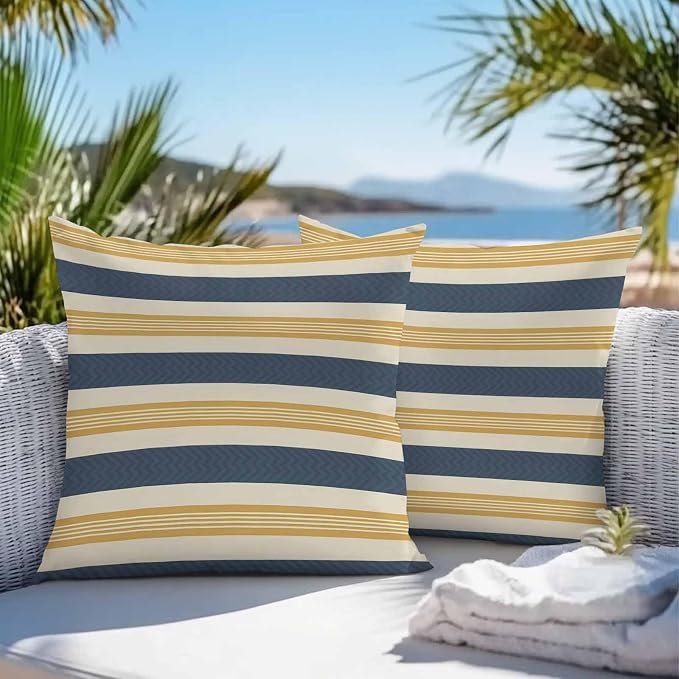 Vandarllin Outdoor Throw Pillows Covers 18x18 inch Set of 2 Waterproof Navy Blue Stripes Lines Decorative Zippered Cushion Covers for Patio Furniture, Yellow Classic Striped Lumbar Pillowcases