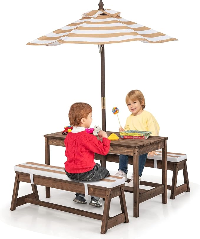 HONEY JOY Kids Picnic Table, Outdoor Wooden Table & Bench Set w/Removable Cushions and Umbrella, Stripe Fabric, Children Backyard Furniture for Patio Garden, Gift for Toddler Boys Girls Age 3+(Coffee)
