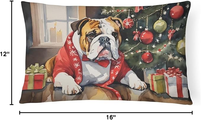 Caroline's Treasures DAC2649PW1216 English Bulldog Cozy Christmas Throw Pillow Machine Washable, Indoor Outdoor Decorative Pillow for Couch, Bed or Patio, 12HX16W