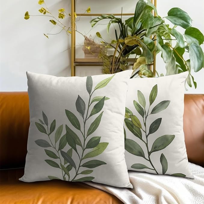 Sage Green Leaves Pillow Covers 22x22 Inch Set of 2, Grey Rustic Plants Leaf Cotton Square Decorative Throw Pillowcases for Bed Sofa Couch Porch Farmhouse Cottage Home Decor