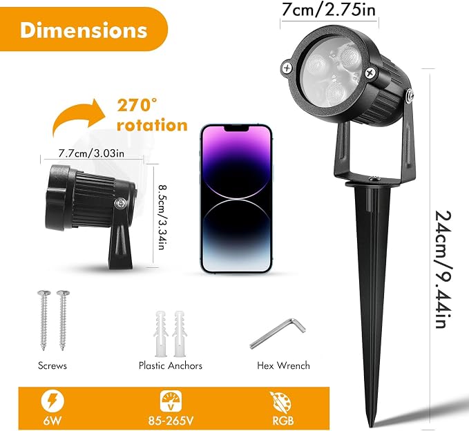 Landscape Lighting - 6W RGB Color Changing Halloween Landscape Lights 120V Christmas Outdoor LED Spotlight with Remote Control Waterproof Spot Lights for Yard Garden Patio Driveway (1 Pack)