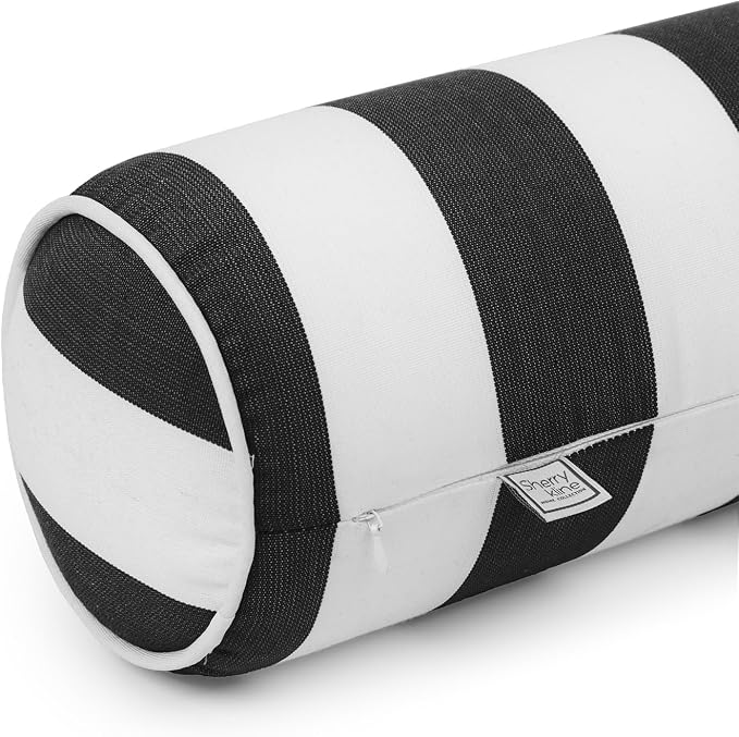 Sherry Kline Cabana Stripe Set of 2 Neck roll Bolster Pillows, Zippered Removable Cover with Corded Trim, 6x18 Inch Cylinder Outdoor Indoor Cushion, Foam Insert, Made in USA - Black/White
