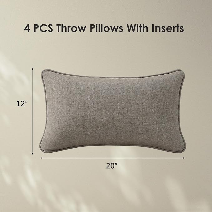 Unimatta Sunbrella Decorative Outdoor Water Repellent Throw Pillows with Inserts, Set of 4, 20" x12" Pillows for Patio, Backyard, Bed, Couch, and Patio Furniture, Cast Shale