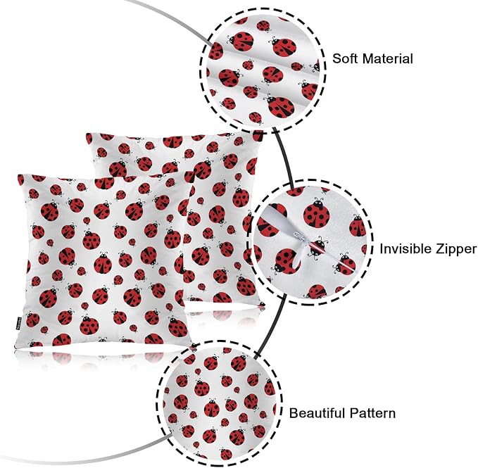 Swono Outdoor Pillow Covers Ladybug, Cute Ladybird Wild Ladybugs Home Decorative Throw Pillow Case Cushion Cover for Men/Woman/Bed/Sofa/Office/Car, 18x18 Inch, 2Pcs Pillow Covers Red