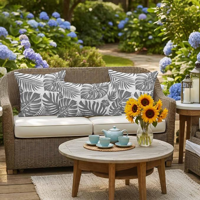 Grey Palm Leaves Outdoor Pillow Covers 24"x24" Set of 2, Tropical Botanical Minimalist Modern Waterproof Throw Pillow Covers for Patio Furniture, Decorative Cushion Covers for Porch