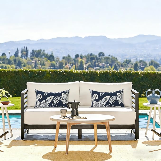 LVTXIII Outdoor/Indoor Lumbar Pillows, Decorative Patio Lumbar Cushions, Fluffy Water Repellent Garden Cushions for Home Patio Coach Sofa Use, 12×20 Inch, Pack of 2, Elegant Vines Navy