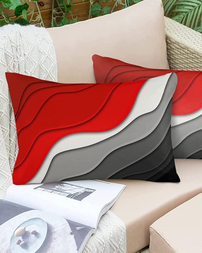 Funy Decor Waterproof Outdoor Throw Pillow Cover Red Modern Geometric Lumbar Pillowcases Set of 2 Grey Abstract Beach Decorative Patio Furniture Pillows for Couch Garden 20x12 inch x 2pcs