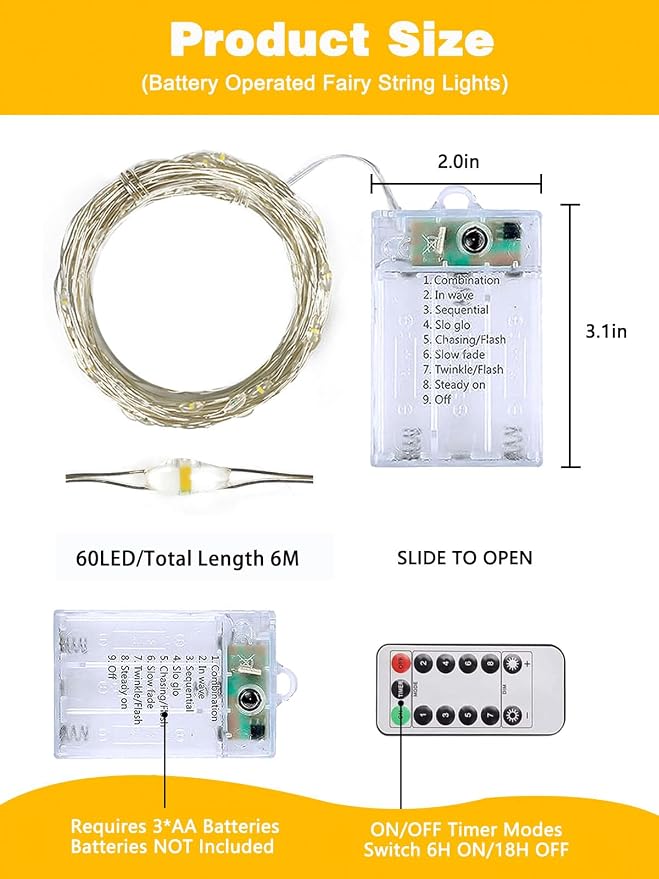 4 Pack 60 LED Fairy Lights Battery Operated with Remote, 20 FT Warm White | Cuttable, 8 Modes, Memory, Dimmable, Waterproof Battery String Lights with Timer for Indoor Outdoor, Christmas Decorations