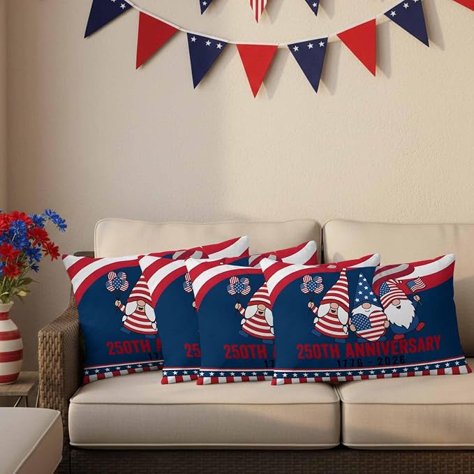 250th Anniversary Outdoor Pillow Covers 20"x12" Set of 2, Patriotic Gnome USA Flag Independence Day Waterproof Throw Pillow Covers for Patio Furniture, Decorative Cushion Covers for Porch