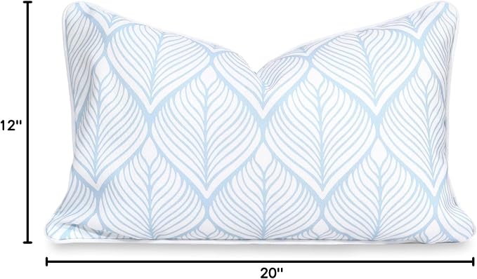 Hofdeco Premium Coastal Patio Indoor Outdoor Lumbar Pillow Cover Only, 12"x20" Water Repellent for Backyard, Couch, Baby Blue Print Geometric Leafs