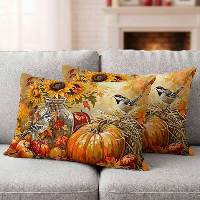 Fall Pumpkins Outdoor Pillow Covers 20x12 Inch Lumbar Pillow Covers Set of 2 Waterproof Decorative Throw Pillow Cases Sunflowers Birds Thanksgiving Oil Painting Cushion Covers for Patio Furniture