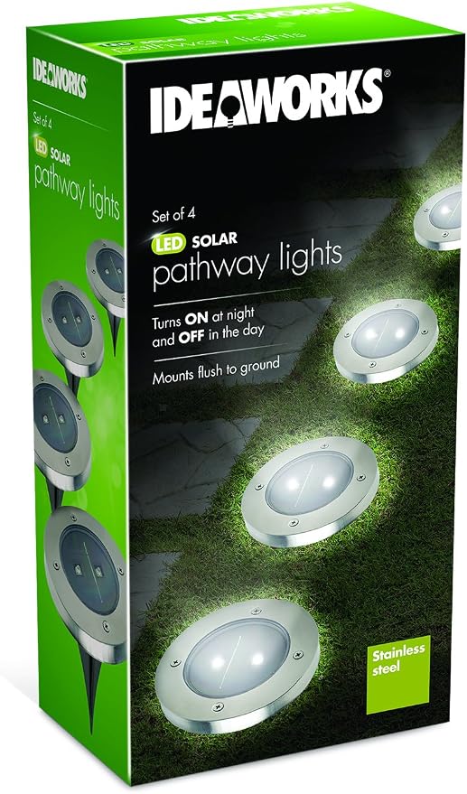 IdeaWorks All Weather Resistant, Rust Resistant, Stainless Steel In Ground Solar Stake Pathway and Garden Bed LED Lights, Pack of 4