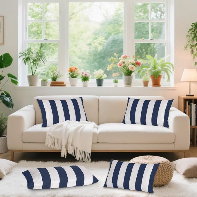 tiggell 4 Pack Waterproof Pillow Covers Outdoor Throw Pillowcases Decorative Garden Cushion Case for Home Garden Patio Couch Balcony Striped (Blue & White, 12 * 20 inch)