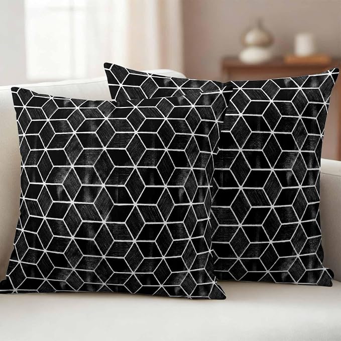Black Honeycomb Tiling Waterproof Outdoor Pillow Covers Set of 2 Home Decor, Wooden Grain Blocks Pillowcase Patio Pillow Covers for Couch Bench Patio Furniture Garden 24x24in