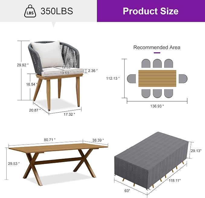 PURPLE LEAF 9 Pieces Patio Dining Set with Waterproof Furniture Cover Rectangular Table and Chairs Set for Garden Deck Aluminum Frame Backyard Kitchen Set, Cushions and Pillows Included Teak