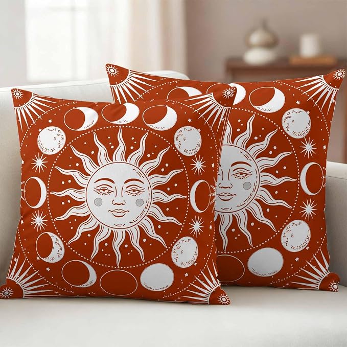Celestial Sun and Moon Waterproof Outdoor Pillow Covers Set of 2 Home Decor, Burnt Orange Starry Galaxy Boho Pillowcase Patio Pillow Covers for Couch Bench Patio Furniture Garden 26x26in