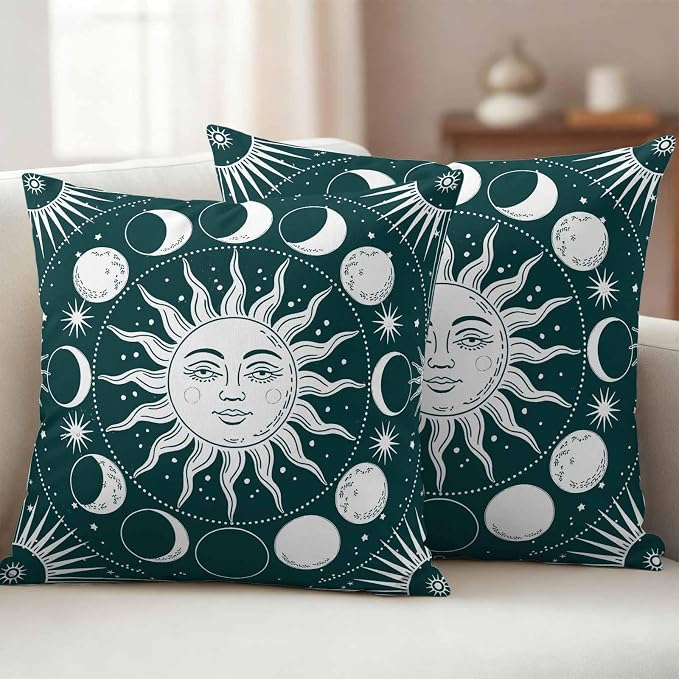 Celestial Sun and Moon Waterproof Outdoor Pillow Covers Set of 2 Home Decor, Green Starry Galaxy Boho Pillowcase Patio Pillow Covers for Couch Bench Patio Furniture Garden 24x24in