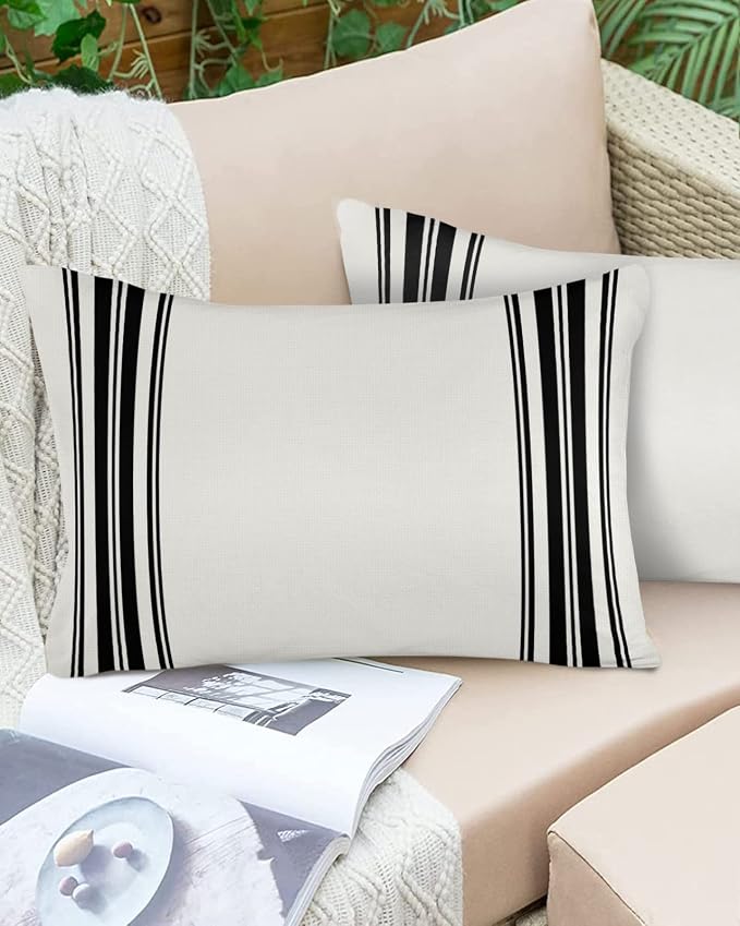 Outdoor Waterproof Pillow Covers for Patio Furniture Black Ticking Vertically Stripe Decorative Throw Pillow Cover Simple Style White Pillowcases Set of 2 Cushion Case for Sofa Couch Chair 20 x 12 In