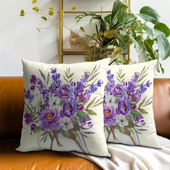 Lavender Flowers Throw Pillow Case 20x20 Set of 2 Purple Blooming Floral Rustic Farmhouse Cotton Linen Square Cushion Cover Decorative Pillowcase for HOM Office Couch Sofa Chair