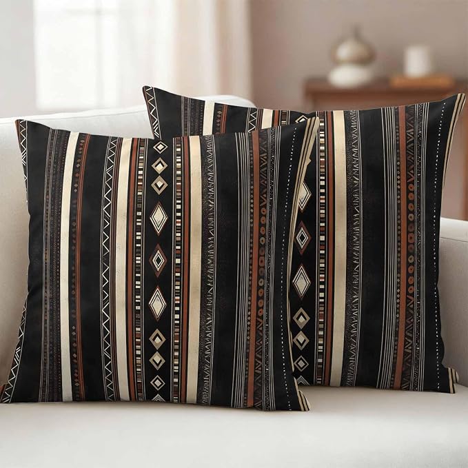 Black Beige Boho Outdoor Pillow Covers 20x20 Inch Throw Pillow Covers Set of 2 Waterproof Decorative Pillow Cases Vintage Abstract Geometric Ethnic Cushion Covers for Patio Furniture Garden Couch Sofa
