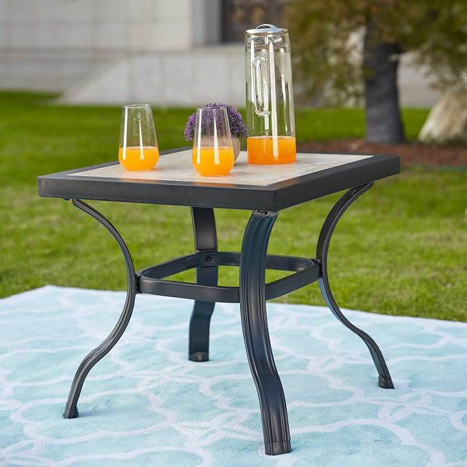 Festival Depot Metal Steel Outdoor Side Table Patio Bistro Square Dining Table Ceramics Top with Steel Legs (1pc Dining Table, Ceramics)