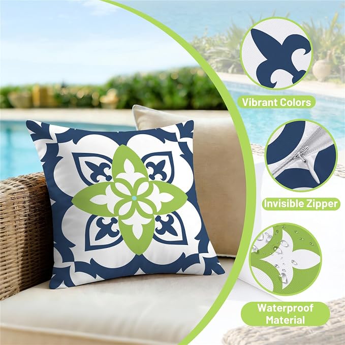 NIGHTWISH Outdoor Waterproof Pillow Covers 20x20 Set of 4 Green Boho Decorative Outdoor Throw Pillows Floral Cushion Cases for Patio Furniture Bench Couch Sunbrella