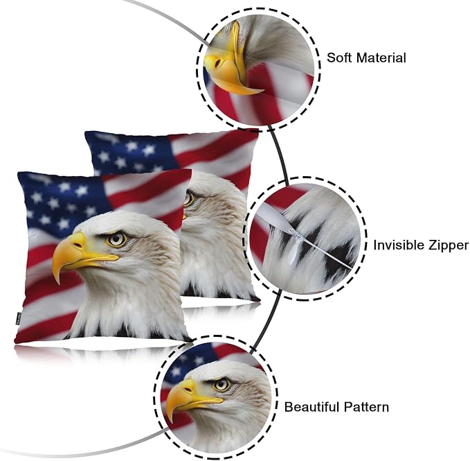 Swono American Bald Eagle Pack of 2 Throw Pillow Cases, Eagle On USA Flag Cozy Pillow Cover Square 18"X18" Cushion Case Set Pillowcase Decorative for Home Sofa Bedroom Car Office