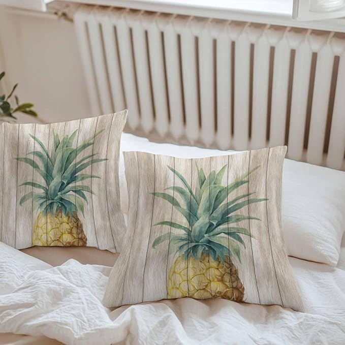 Vandarllin Outdoor Throw Pillows Covers 26x26 inch Set of 2 Waterproof Pineapple Decorative Zippered Cushion Covers for Patio Furniture, Summer Tropical Fruit Wood Lumbar Pillowcases