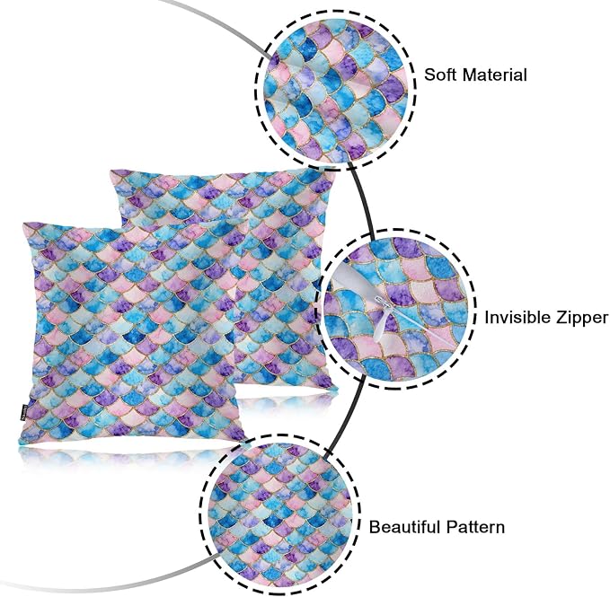 Swono Mermaid Scales Decorative Throw Pillow Cushion Covers, Rainbow Mermaid Fish Scales Cozy Pillowcase Home Decor, Double-Sided Printed Pillow Covers for Bedroom Livingroom Office 18x18 Set of 2