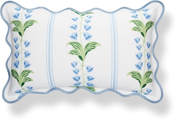 Hofdeco Premium Grandmillennial Coastal Hampton Patio Indoor Outdoor Lumbar Pillow Cover Only, 12"x20" Water Repellent for Backyard, Couch, Poolside, Blue Green Print Striped Lily of the Valley