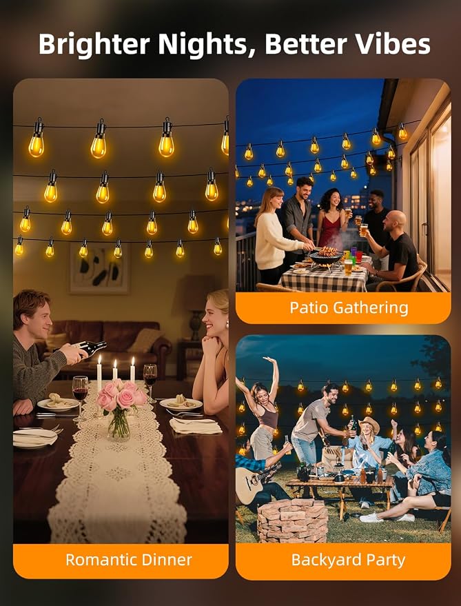 Outdoor Patio String Lights: S14 Shatterproof Bulb Outside Waterproof Light - 100FT 30M Remote Dimmable Connectable Hanging Outdoor Electric Lighting - Garden Backyard Yard Gazebo Porch Party