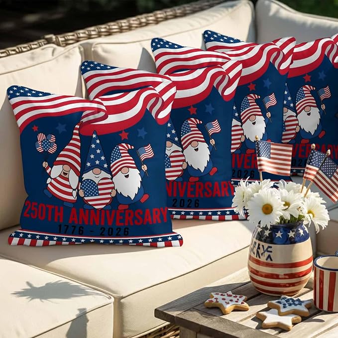 250th Anniversary Outdoor Pillow Covers 16"x16" Set of 2, Patriotic Gnome USA Flag Independence Day Waterproof Throw Pillow Covers for Patio Furniture, Decorative Cushion Covers for Porch