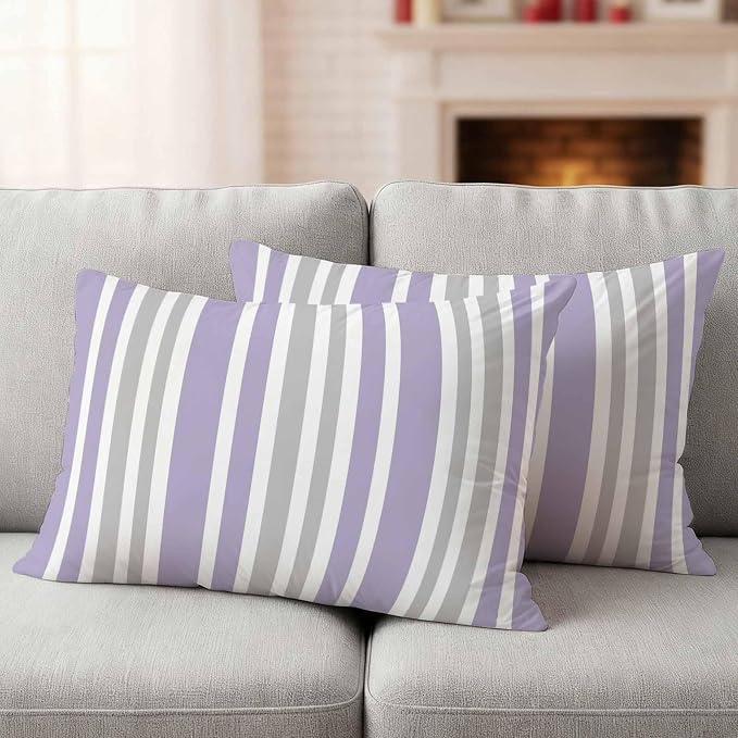 Light Purple Grey Stripe Outdoor Pillow Covers 20x12 Inch Lumbar Pillow Covers Set of 2 Waterproof Decorative Throw Pillow Cases Farmhouse Minimalist Striped Cushion Covers for Patio Furniture Garden