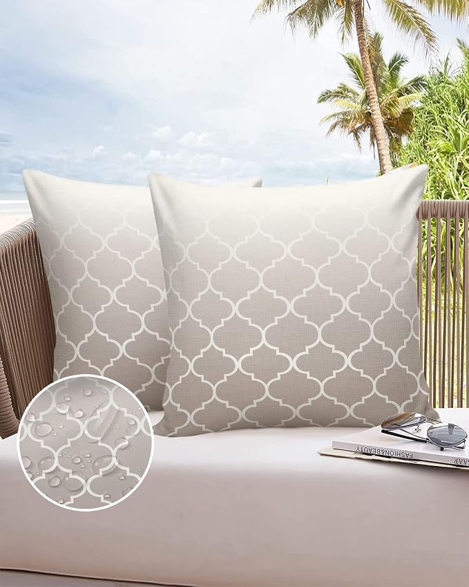 Outdoor Pillows 24x24 Waterproof Outdoor Pillow Covers, Beige Ombre Texture Polyester Throw Pillow Covers Garden Cushion Decorative Case for Patio Couch Decoration Set of 2, Moroccan Pattern