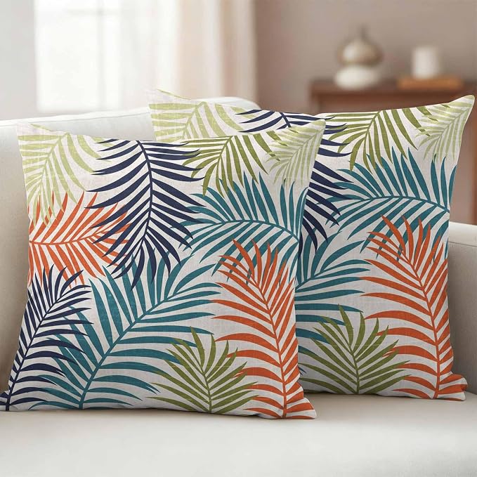 Outdoor Waterproof Throw Pillow Covers, Orange Green Blue Palm Leaves Decorative Pillow Cases, Summer Botanical Tropical Leaf Couch Pillow Protector Patio Sofa Cushion Covers 24"x24" 2 Pack