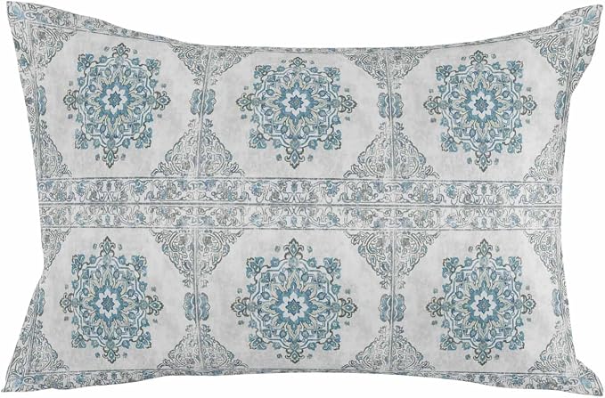 Waterproof Throw Pillow Covers for Couch Patio Living Room Furniture Garden Balcony, Retro Ethnic Floral Texture Style Blue Rectangle Cushion Cases Home Decorations, 20 x 12 Inch Set of 2