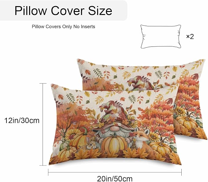 Fall Gnomes Pumpkin Outdoor Waterproof Pillow Covers, Maple Leaves Animal Country Vintage Decorative Rectangle Throw Pillowcase Sofa Cushion Sham for Patio/Couch/Chair, 20"x12" 2 Pack