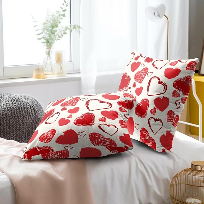 Valentine's Day Throw Pillow Covers 22x22 Inch Set of 2, Doodle Red Love Hearts Decorative Pillowcases Square Cushion Cover for Couch Wedding Anniversary Engagement Home Decor