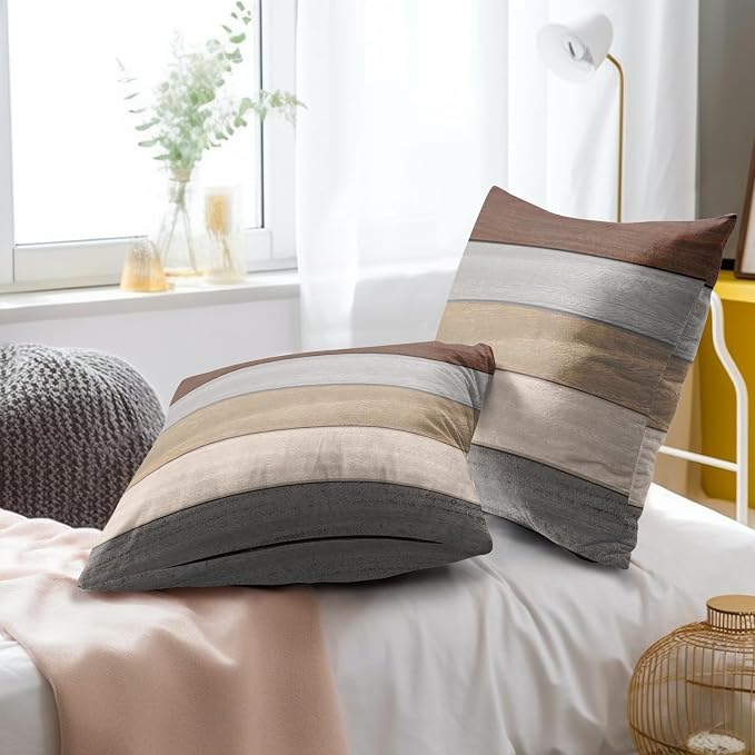 Brown Grey Wooden Pillow Covers 18 x 18 Set of 2, Rustic Wood Board Plank Soft Decorative Throw Pillow Cushion Cover for Couch Sofa Indoor Outdoor Home Decoration