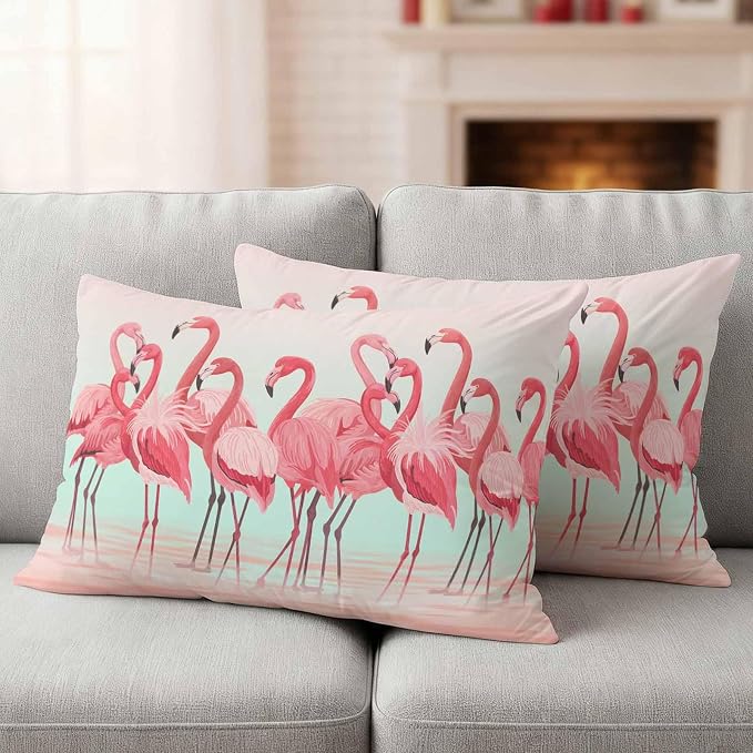 Outdoor Pillow Covers,Flamingo Bird on Gradient Background Decorative Throw Pillow Cover Waterproof Pillowcase Set of 2,Linen Cushion Case for Sofa Couch Bed 20x12 Inch,Tropical Pink Animals