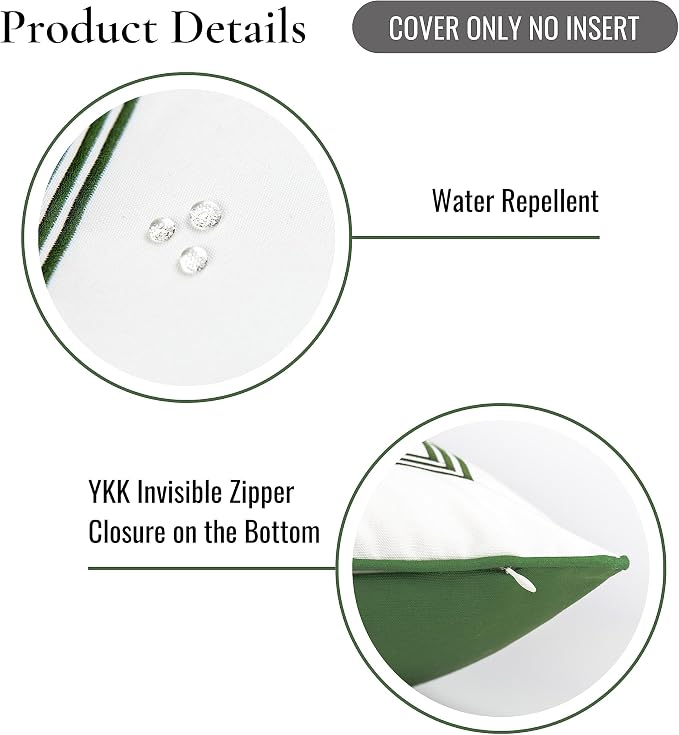 Hofdeco Premium Coastal Patio Indoor Outdoor Pillow Cover Only, 20"x20" Water Resistant for Backyard, Couch, Green Embroidered Square Line
