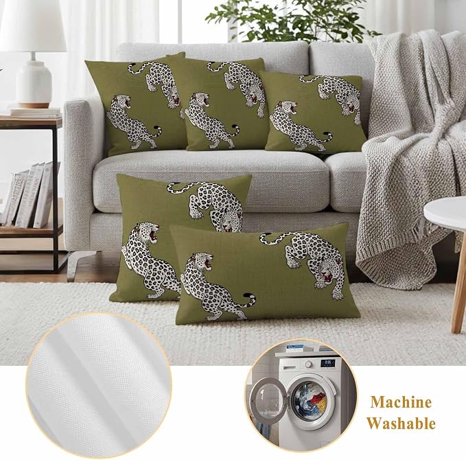 Vandarllin Outdoor Throw Pillows Covers 16x16 inch Set of 2 Waterproof Green Leopard Decorative Zippered Cushion Covers for Patio Furniture, Bohemian Animal Print Lumbar Pillowcases