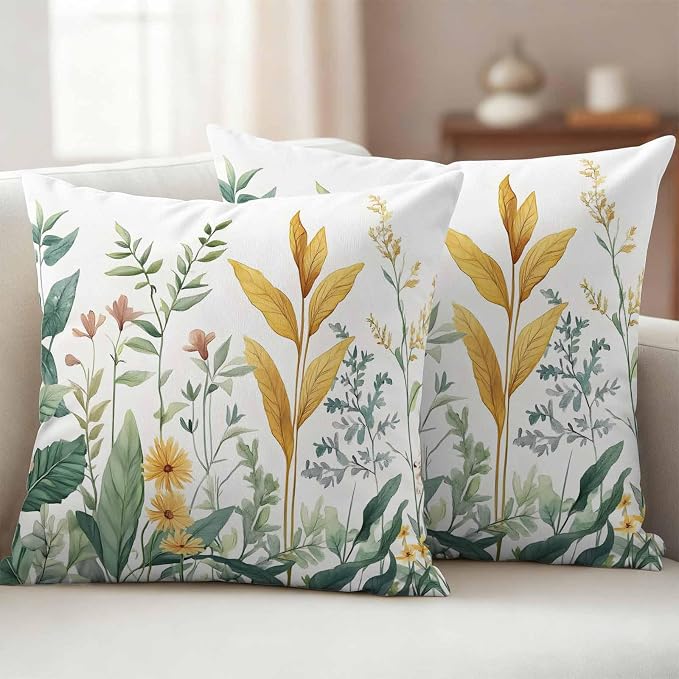 Outdoor Pillow Covers 20x20 Set of 2, Yellow Green Botanical Waterproof Patio Throw Pillow Covers for Couch Sofa Chair, Rustic Watercolor Leaves Decorative Pillowcases for Throw Pillows