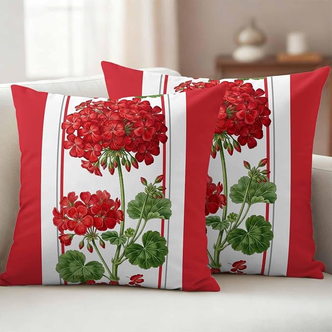 Outdoor Waterproof Pillow Covers Spring Summer Flowers Geranium Decorative Throw Pillow Protectors,Red Geometric Striped Pillowcase Cushion Cases for Patio Sofa Garden Couch,20x20in,Pack of 2