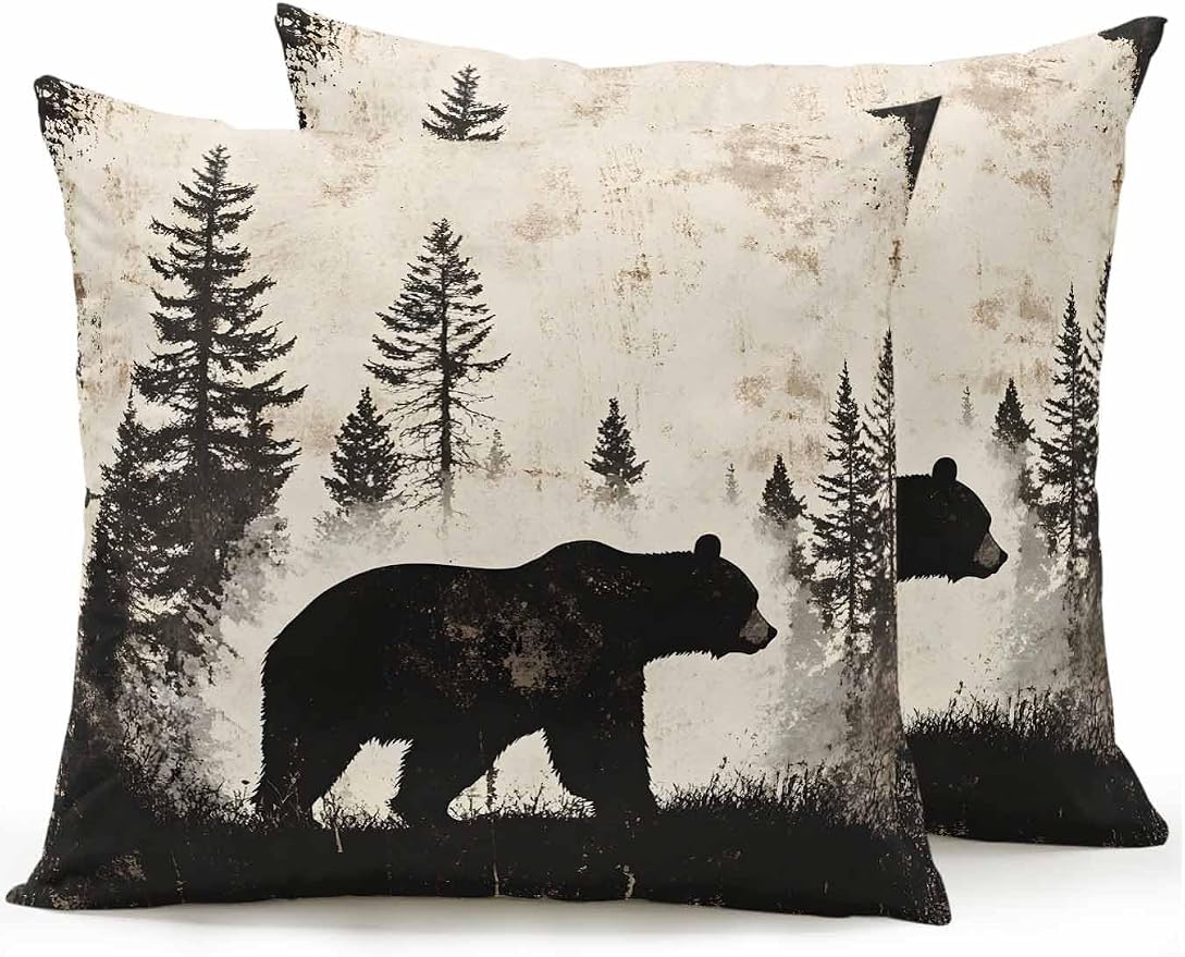 Outdoor Waterproof Throw Pillows Forest Brown Bear Silhouette Patio Pillows Pack of 2,Decorative Pillow Covers with Insert,Pillow Cushion Case for Garden Couch Sofa Minimalist Modern Art