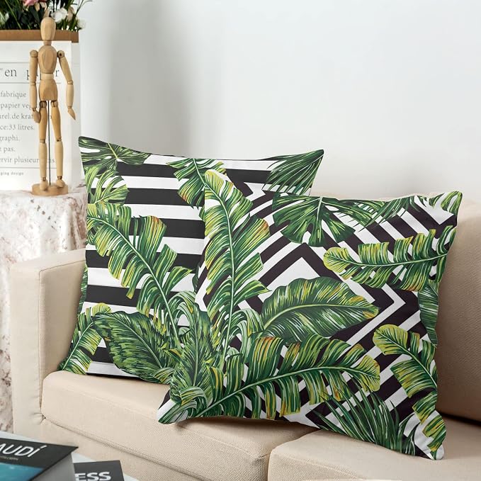2 Pack Summer Tropical Green Leaves Pillow Covers Jungle Banana Tree Throw Pillow Covers Black and White with Geometric Cushion Covers Beach Decor for Couch Bed 24x24